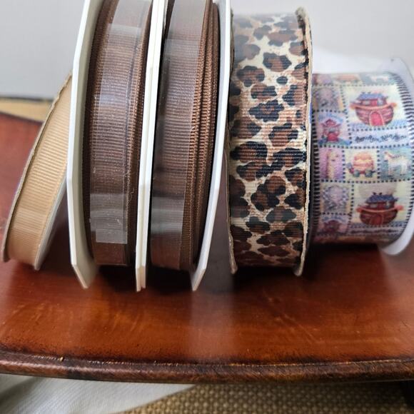 NWT 5 Spools Assorted Ribbon Leopard, Noah's Ark, Brown, Tan Grosgrain, Satin - Picture 2 of 8